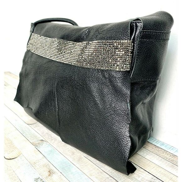 MMN CRYSTAL RAW EDGE BLACK GENUINE LEATHER FLAP SHOULDER BAG XBODY MESSENGER - Picture 3 of 12